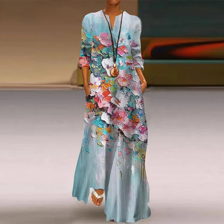 Oil Painting Flower Print V-Neck Maxi Dress