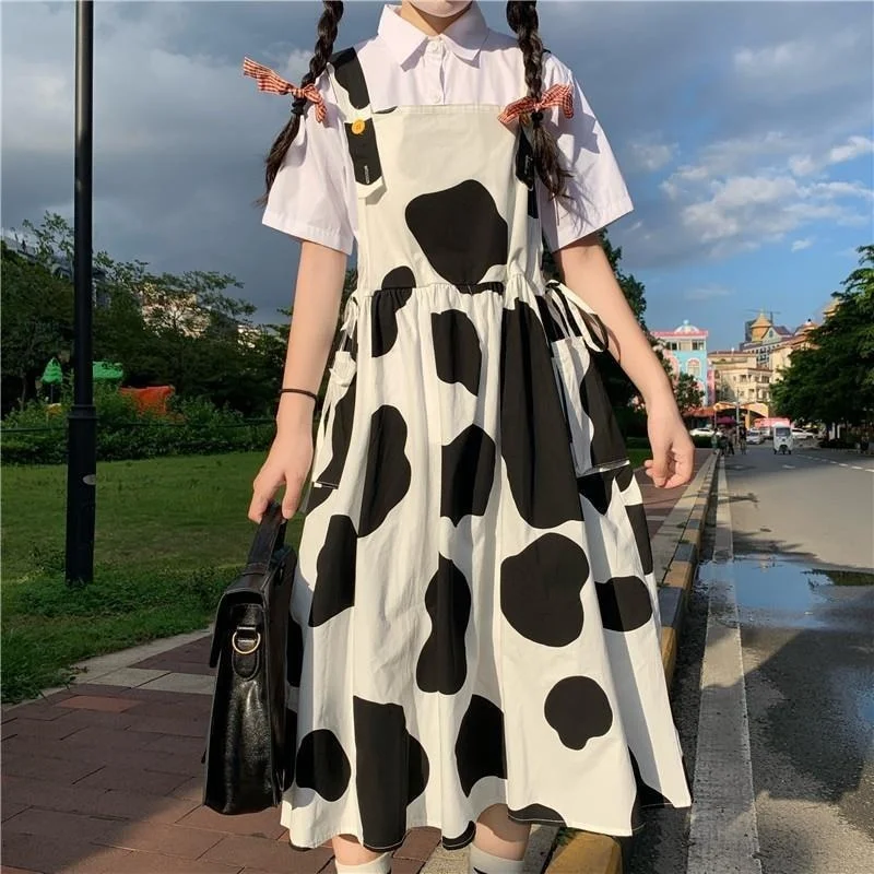 PENERAN Kawaii Cow Print Dress Mori Girl Lolita Milk Women's Cute Sundress Harajuku Preppy Style Korean Fashion Casual Midi Dress Loose