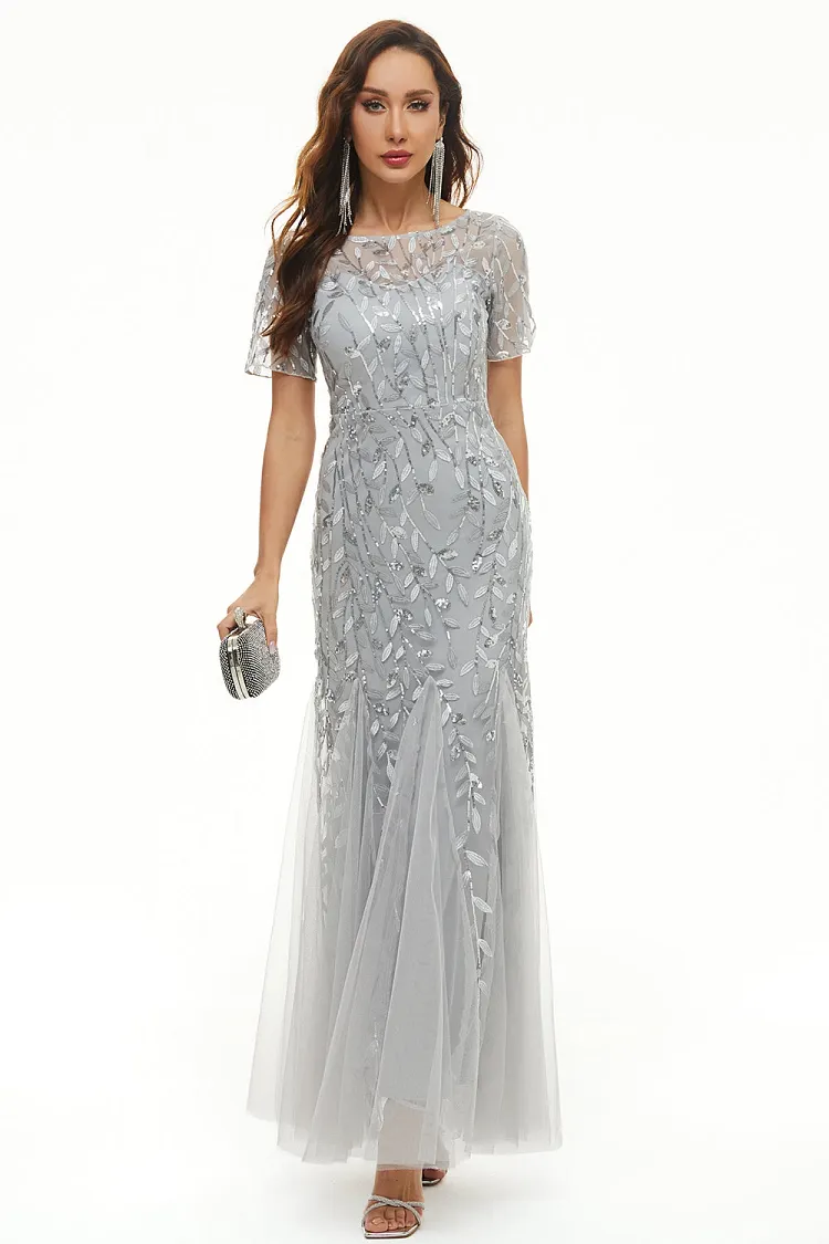 Scoop Neck Short Sleeves Long Mermaid Mother Of The Bride Dresses With Embroidered | Silver Tulle MOD0035