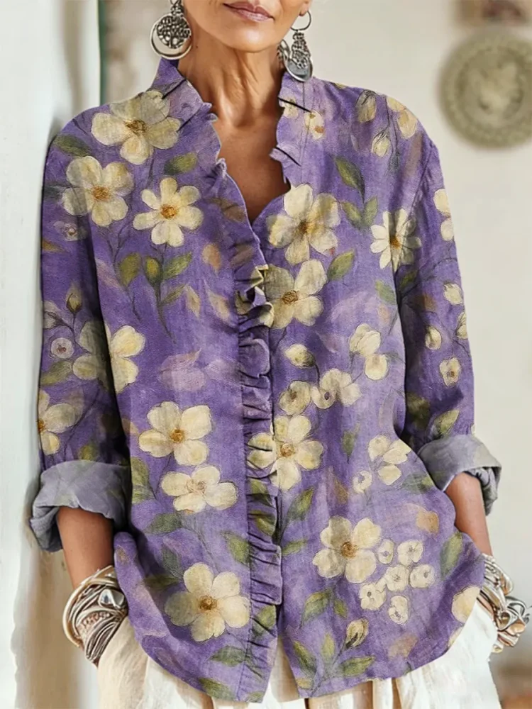 Women's Vintage Floral Pattern Art Print Casual Cotton Shirt socialshop