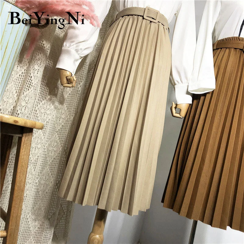 Beiyingni High Waist Women Skirt Casual Vintage Solid Belted Pleated Midi Skirts Lady 11 Colors Fashion Simple Saia Mujer Faldas