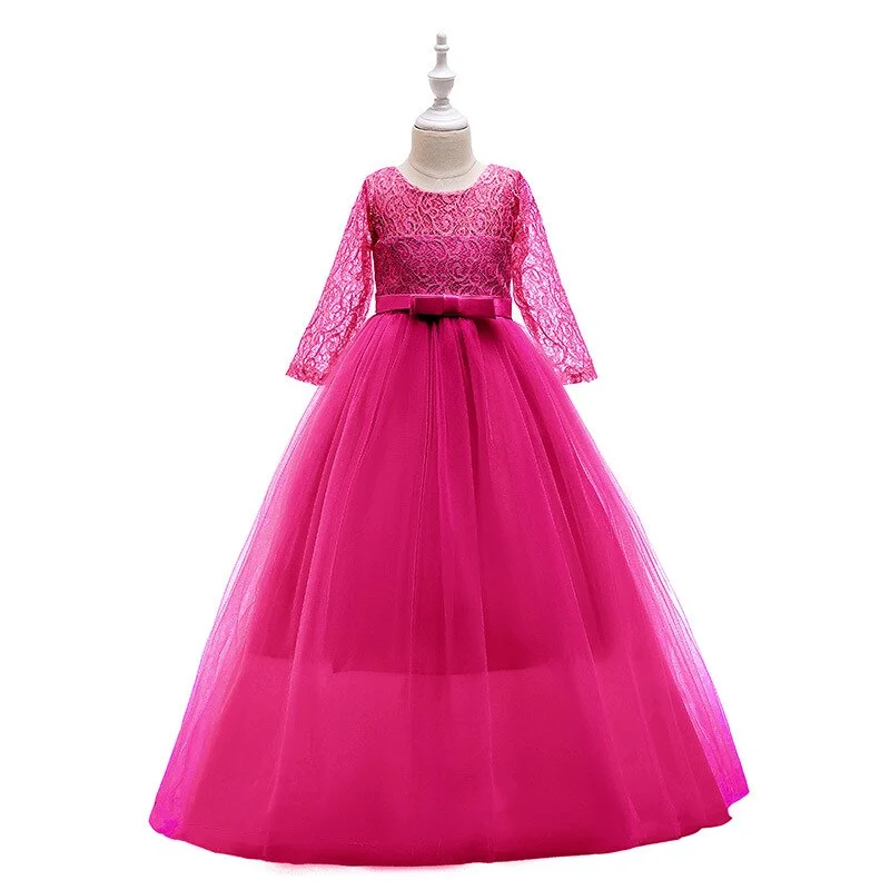 Lace Half Sleeve Dress Girls First Communion Princess dress Tulle Bow Kids Dresses For Girls Long Dress Junior girl dress cloth