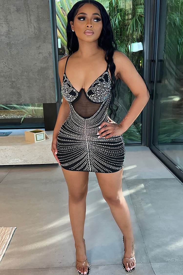Deep V Neck Mesh Patchwork Rhinestone Bodycon Party Slip Dress