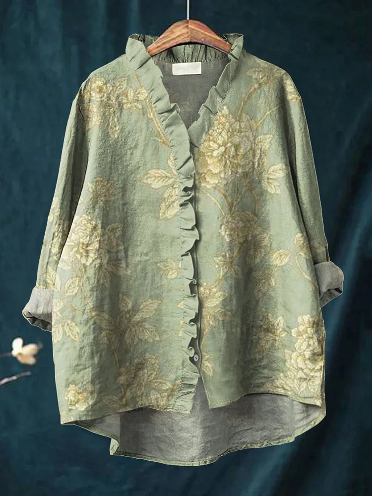 Women's Vintage Lovely Floral Art Print Casual Cotton And Linen Ruffle Shirt