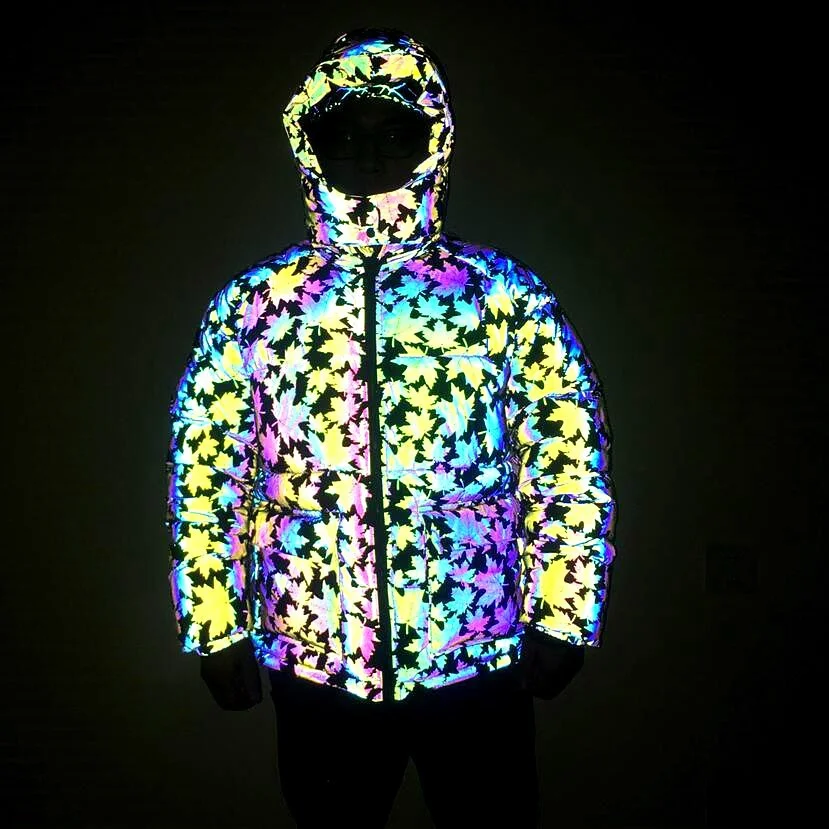 Woherb Three-Dimensional Pocket Dazzling Color Reflective Cotton Coat Rainbow Color Luminous Hooded Padded Jacket Large Size Cotton-Padded Jacket-Outfit Ideas