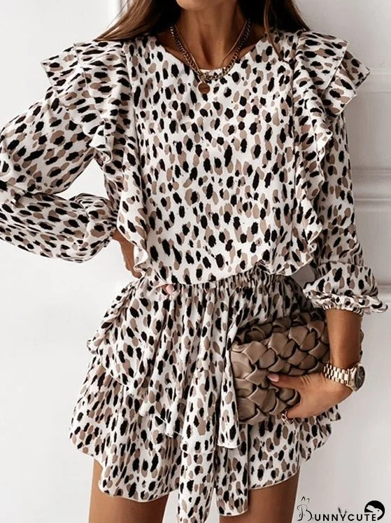 Dresses V-Neck Printed Ruffled Belted Long Sleeve Dress for Women