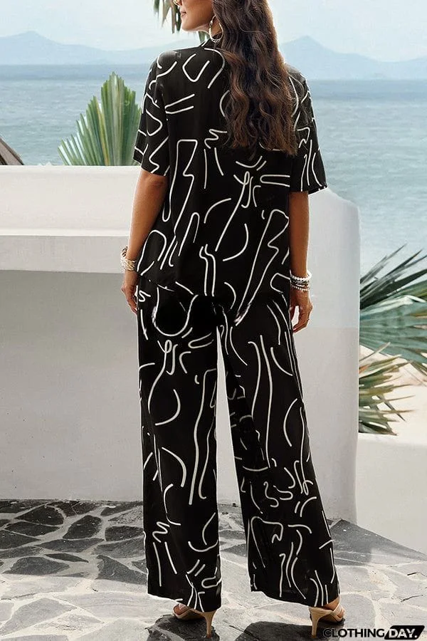 Fun Printed Button Pocket Long Sleeve Shirt and Elastic Waist Pants Set
