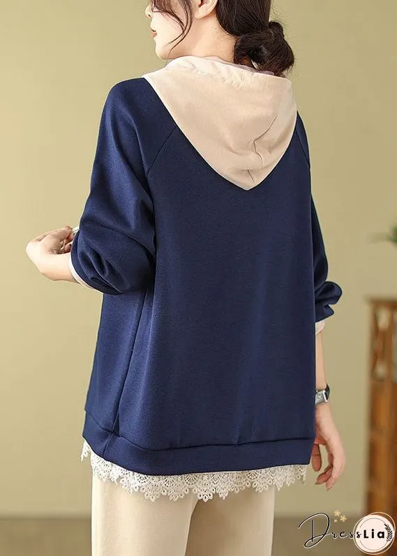 Italian Navy Blue Drawstring Lace Patchwork Fleece Hoodie Sweatshirts Long Sleeve