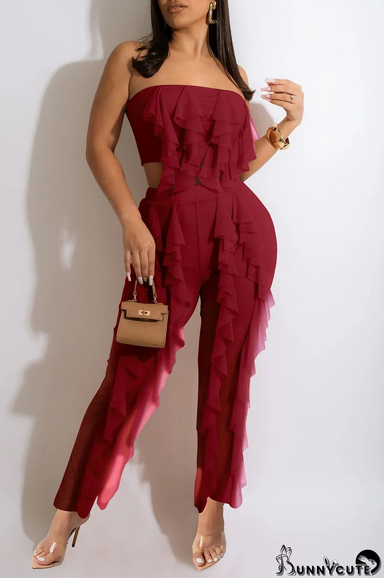 Burgundy Sexy Solid Split Joint Flounce Strapless Sleeveless Two Pieces