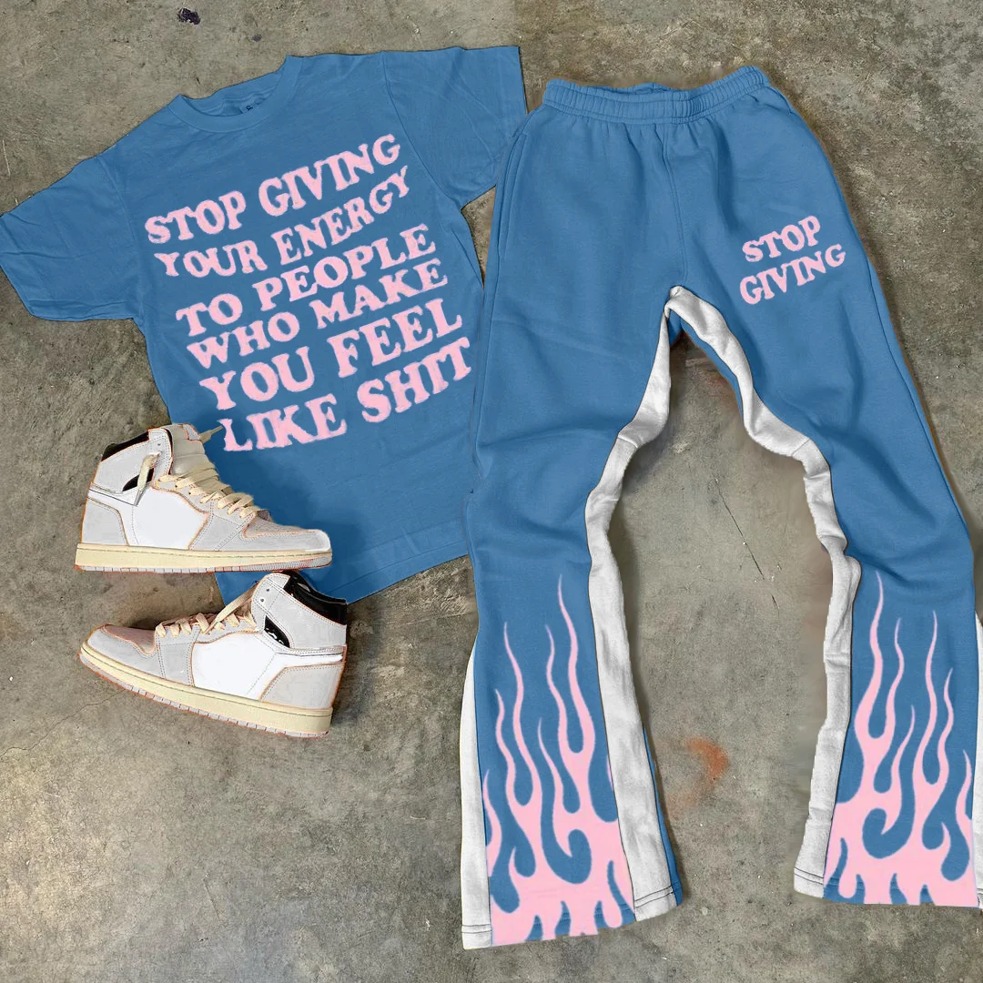 Flame Letters Print T-Shirt Trousers Two-Piece Set