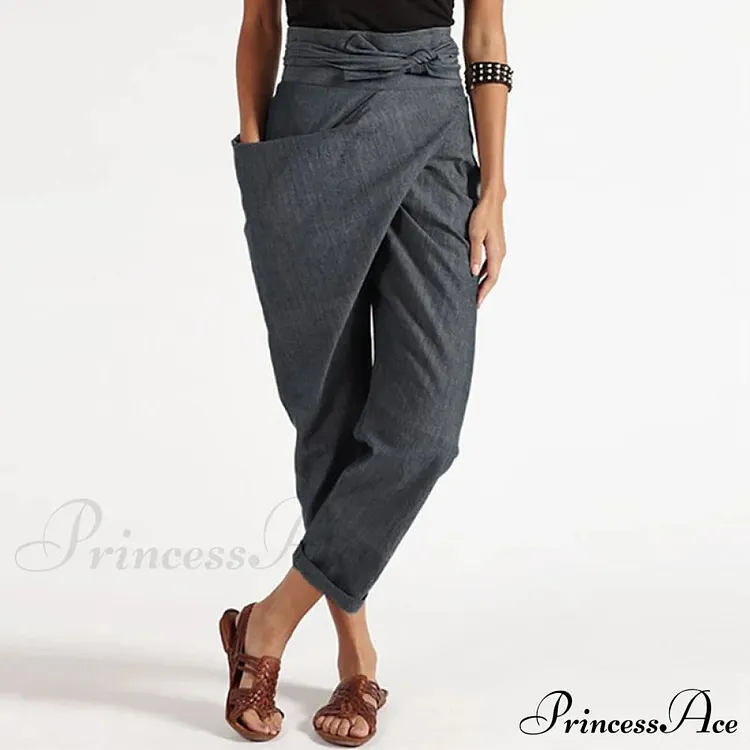 Irregular Lacing Cropped Casual Solid Color Trousers