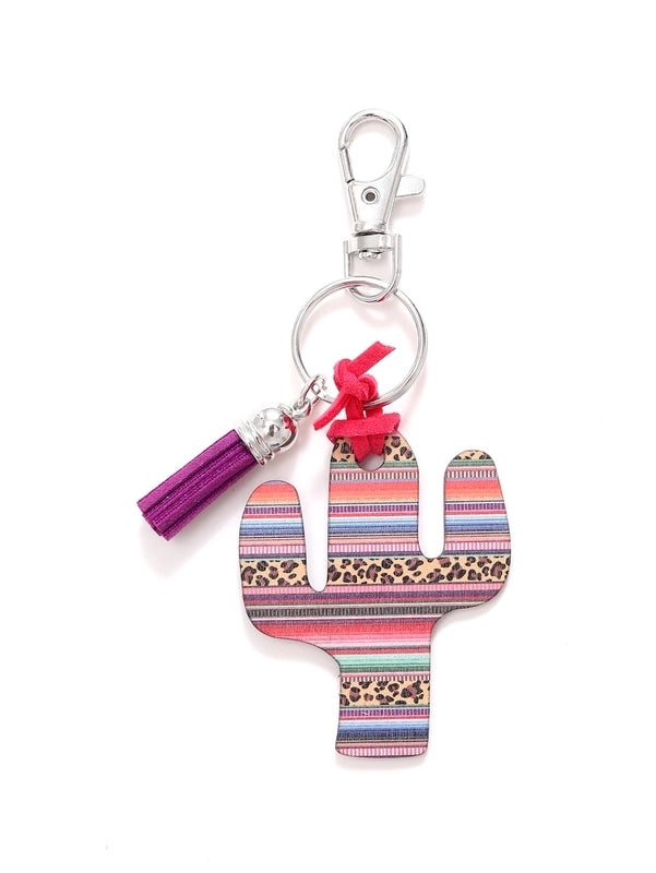 Classic Style Commute Cactus Printing Wood Bag Pendant Keychain