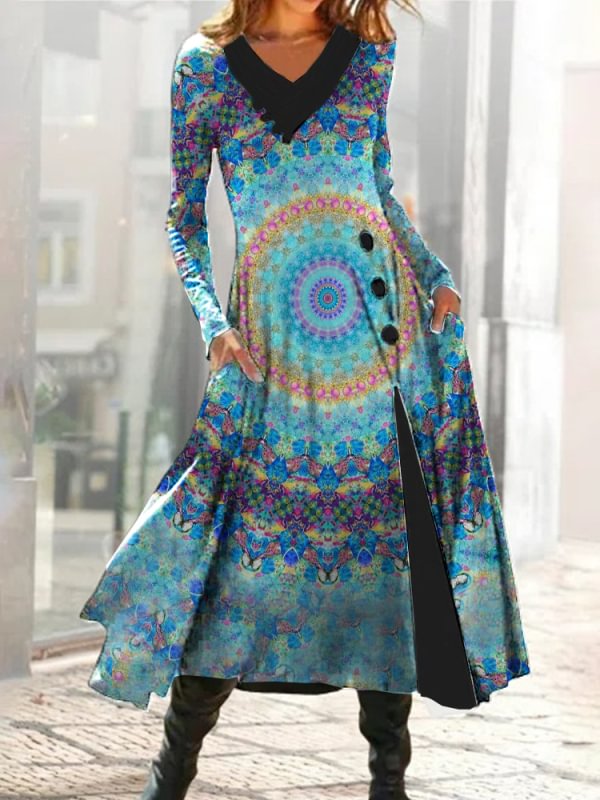 Long sleeve floral print casual A-line dress