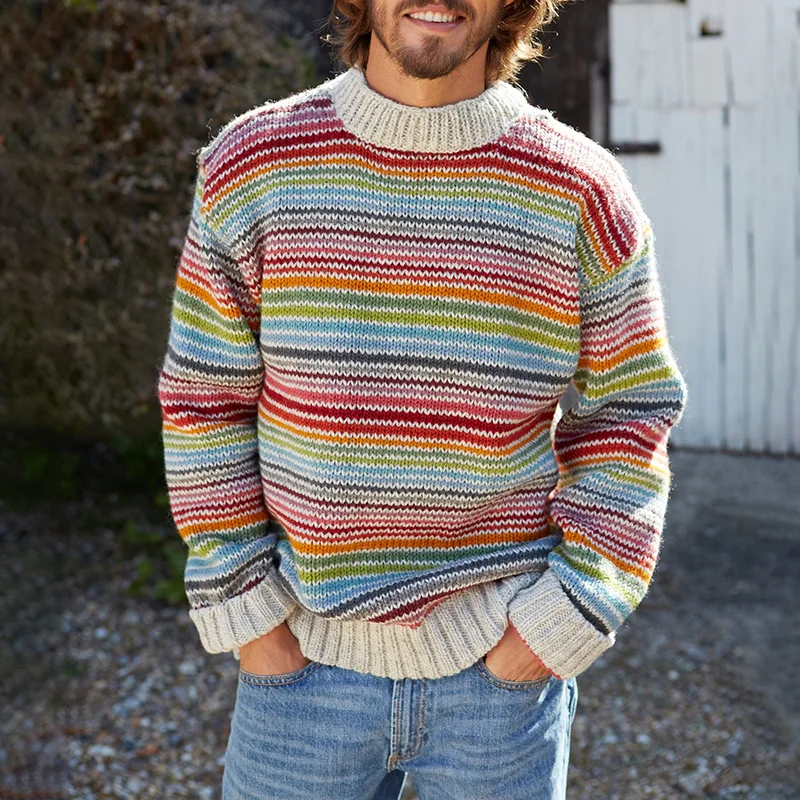 Vintage Rainbow Stripe Knit Jacquard Crew Neck Sweater