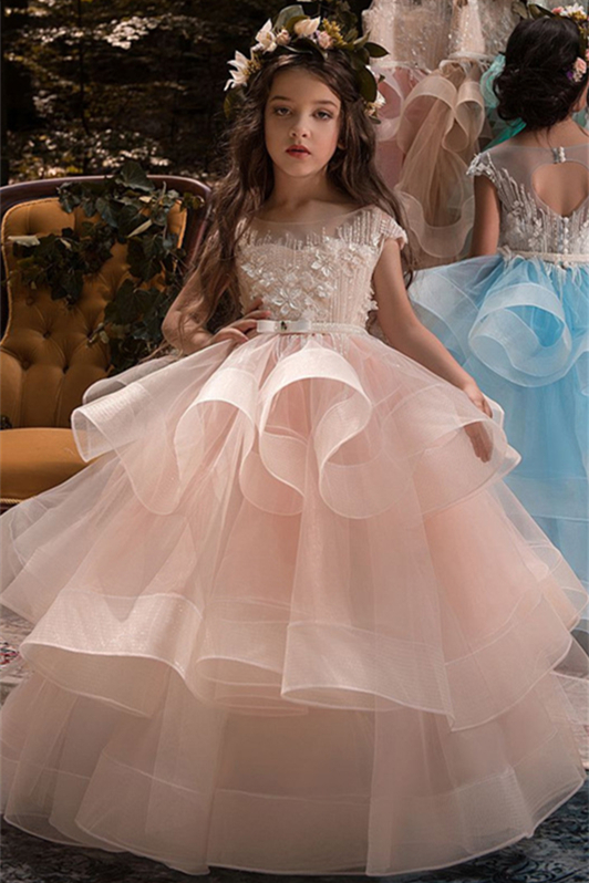 Lovely Cap Sleeves Tulle Flower Girl Dress With Appliques Zipper Button Back - lulusllly
