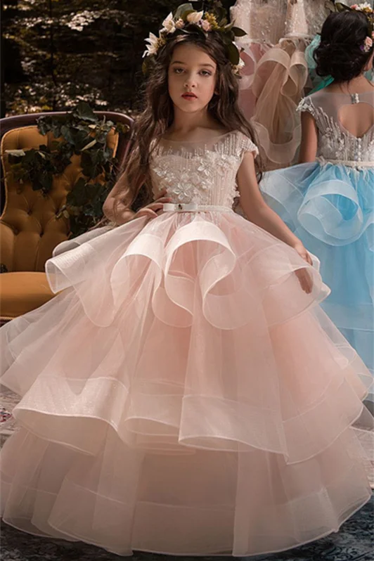 Luluslly Cap Sleeves Tulle Flower Girl Dress With Appliques Zipper Button Back