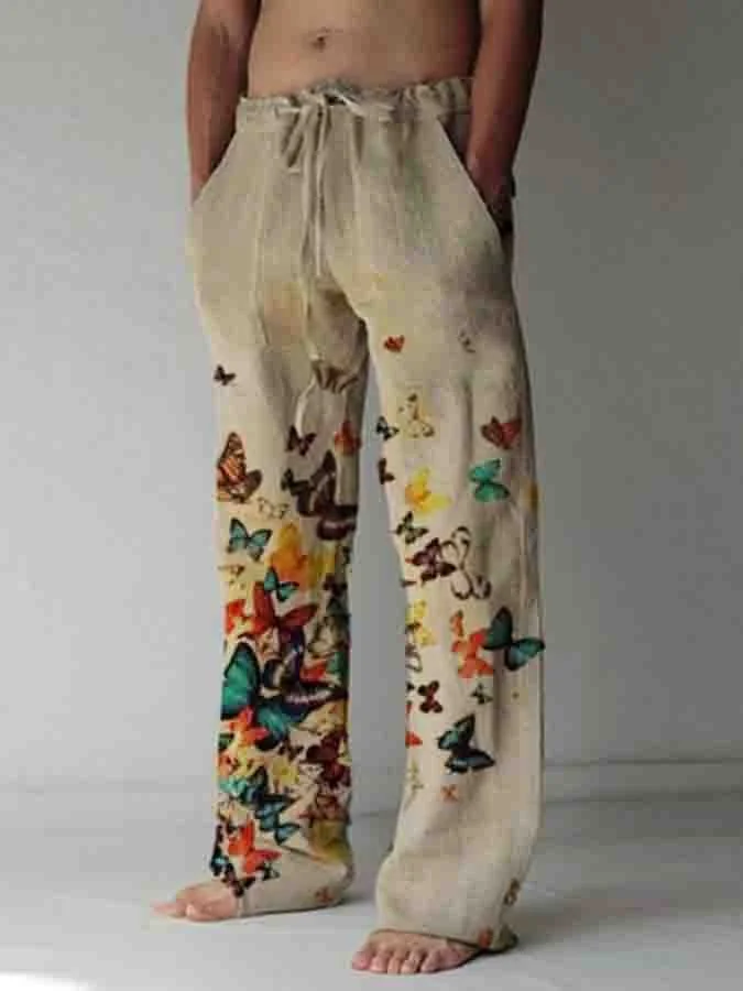 Men's Butterfly Printed Casual Cotton Linen Pants socialshop