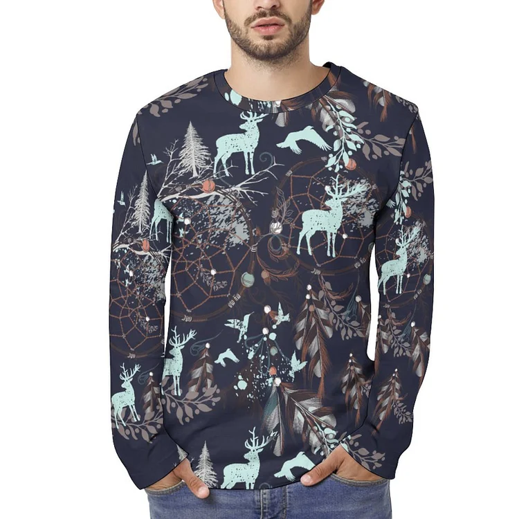 Full Print Long Sleeve T Shirt Animal Feathers, Elk