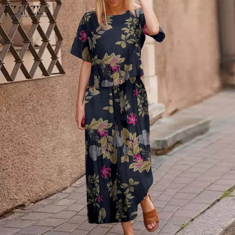 2022 Summer Floral Wide Leg Tracksuits Female Women Casual Cotton Matching Sets ZANZEA Bohemian Printed Short Sleeve Pant Sets
