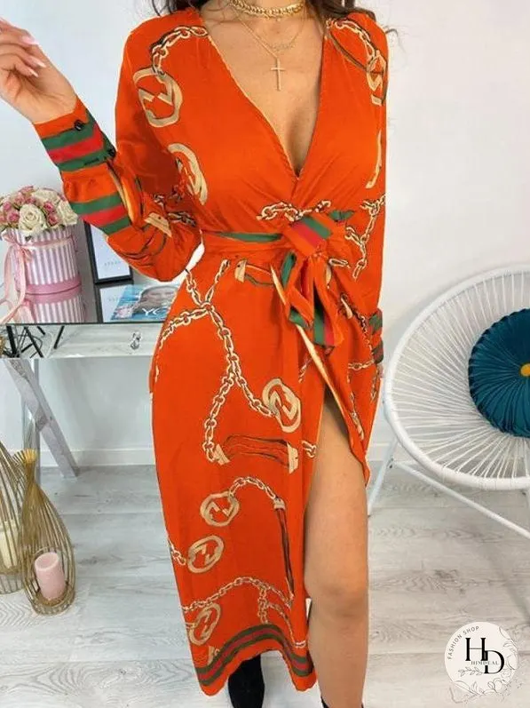 Deep V Slit Maxi Dress With Printed Belt for Women