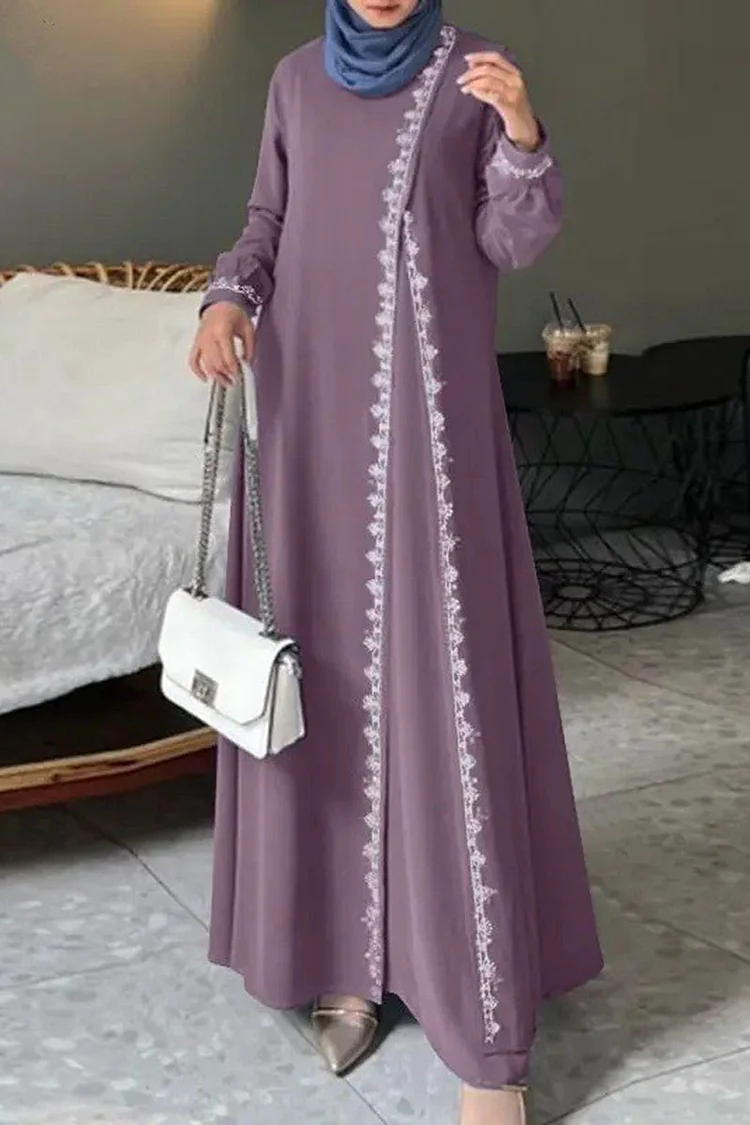 Patchwork Lace Trim Round Neck Long Sleeve Kaftan Maxi Dresses