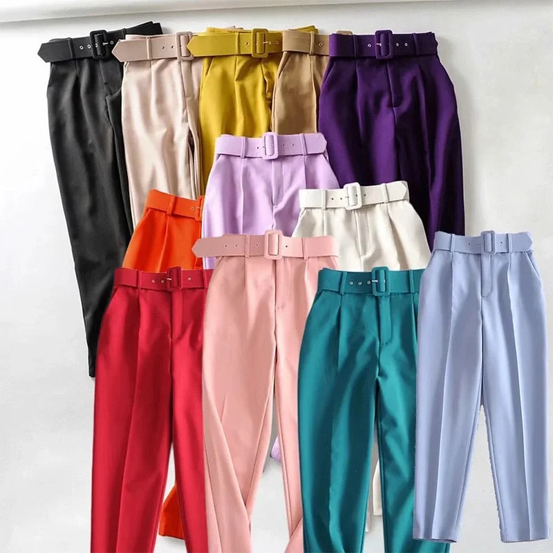 Za Women's With Belt Pant Pink High Waist Harem Pant Female Solid Office Ladies Trousers Purple Pockets Casual Streetwear Summer