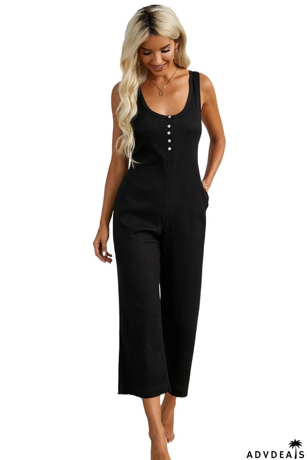 Women's Black Pocketed Thermal Sleeveless Jumpsuit