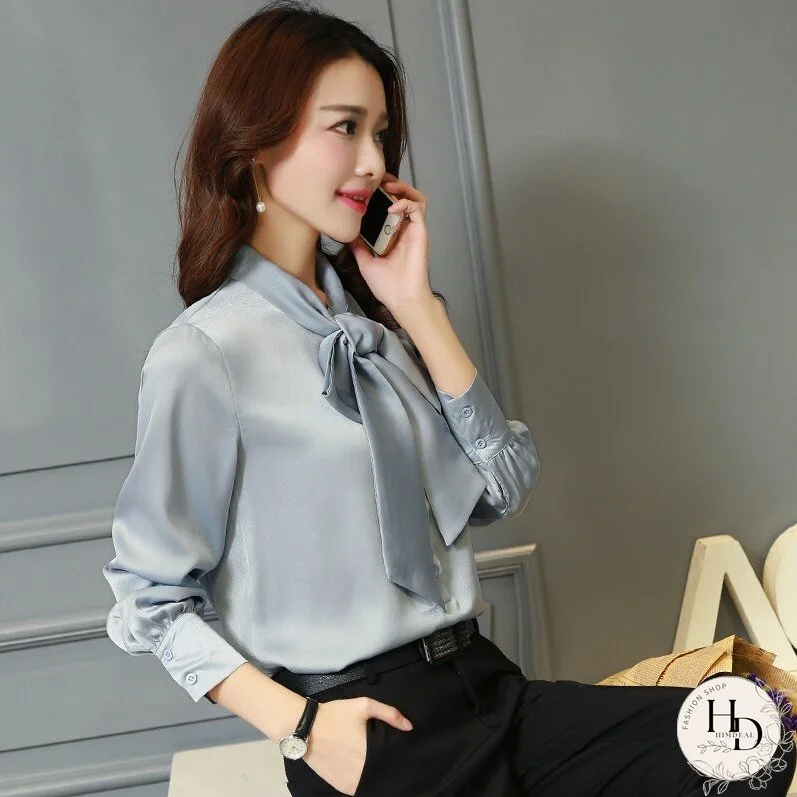 Christmas Gift Fashion Woman Blouses Long Sleeve Bow Collar Office Ladies Blouse Plus Size Women Tops Chiffon Blouse Women Shirts 2198 50