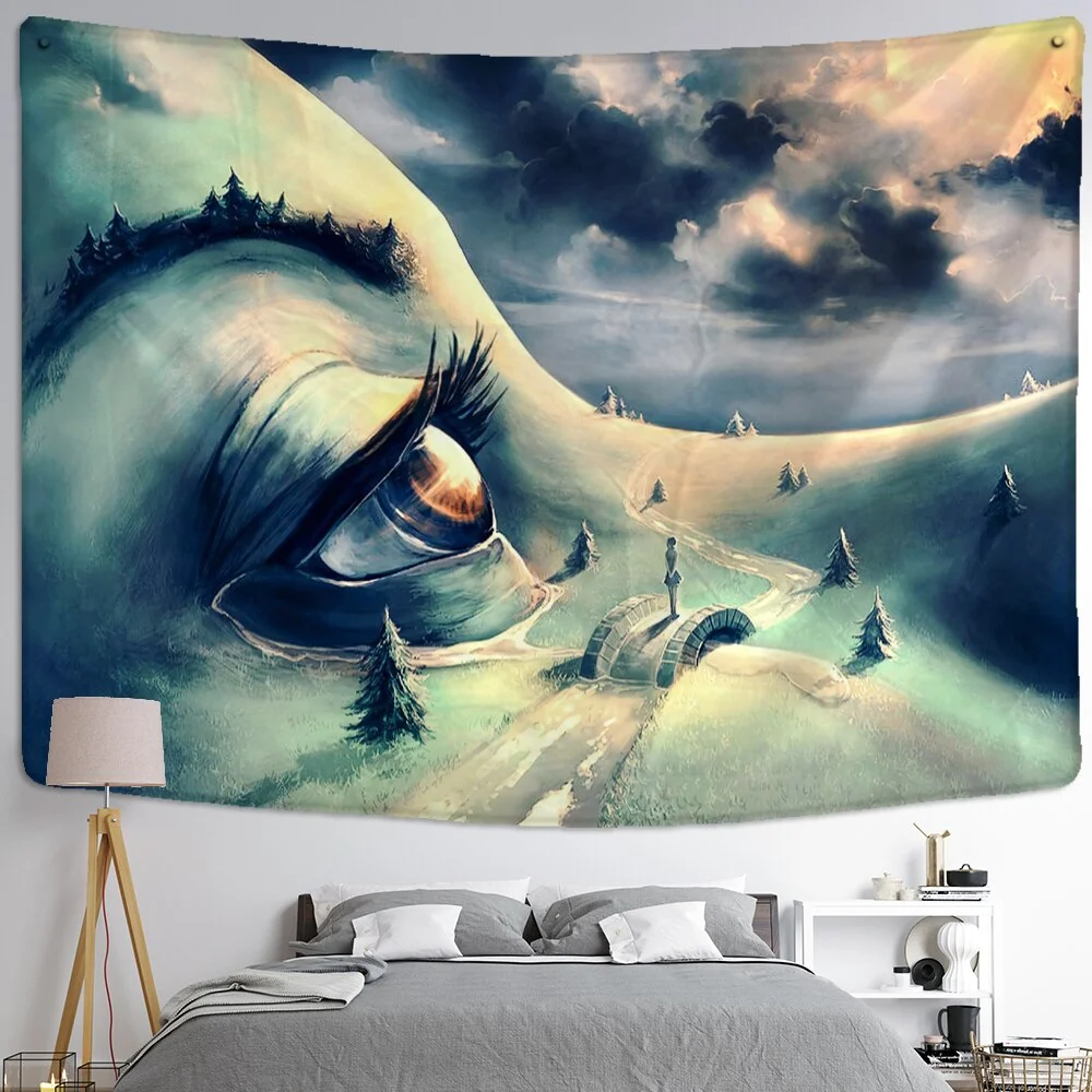 Landscape Woman Tapestry Wall Hanging Psychedelic Witchcraft Natural Mountains And Rivers Ink Painting Home Decor