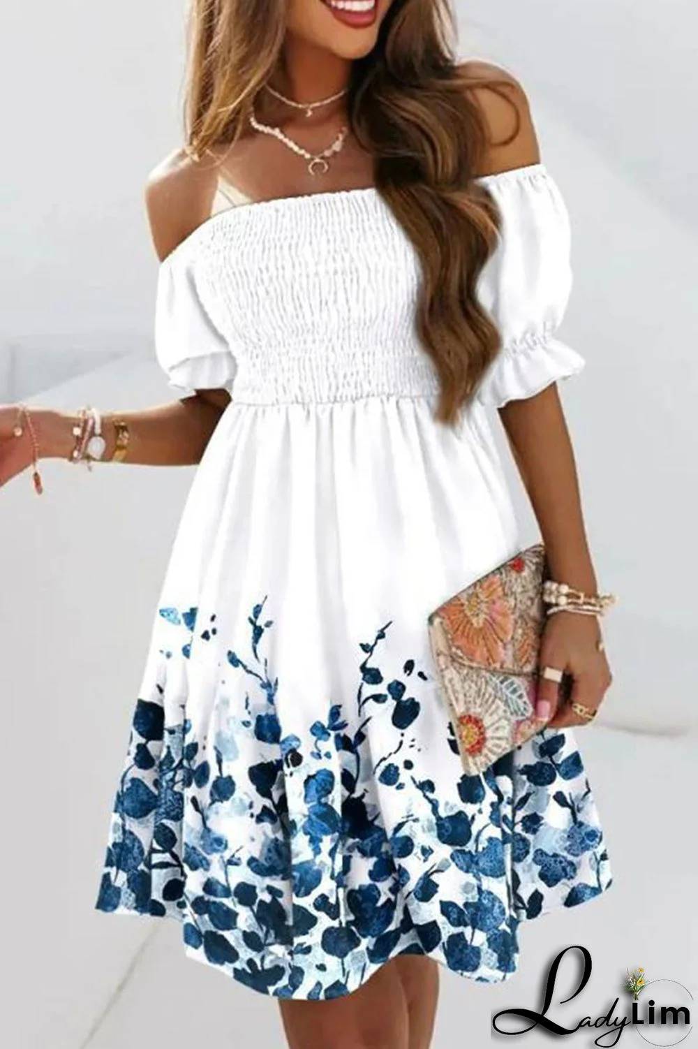 Blue White Fashion Sweet Print Patchwork Fold Off the Shoulder A Line Dresses