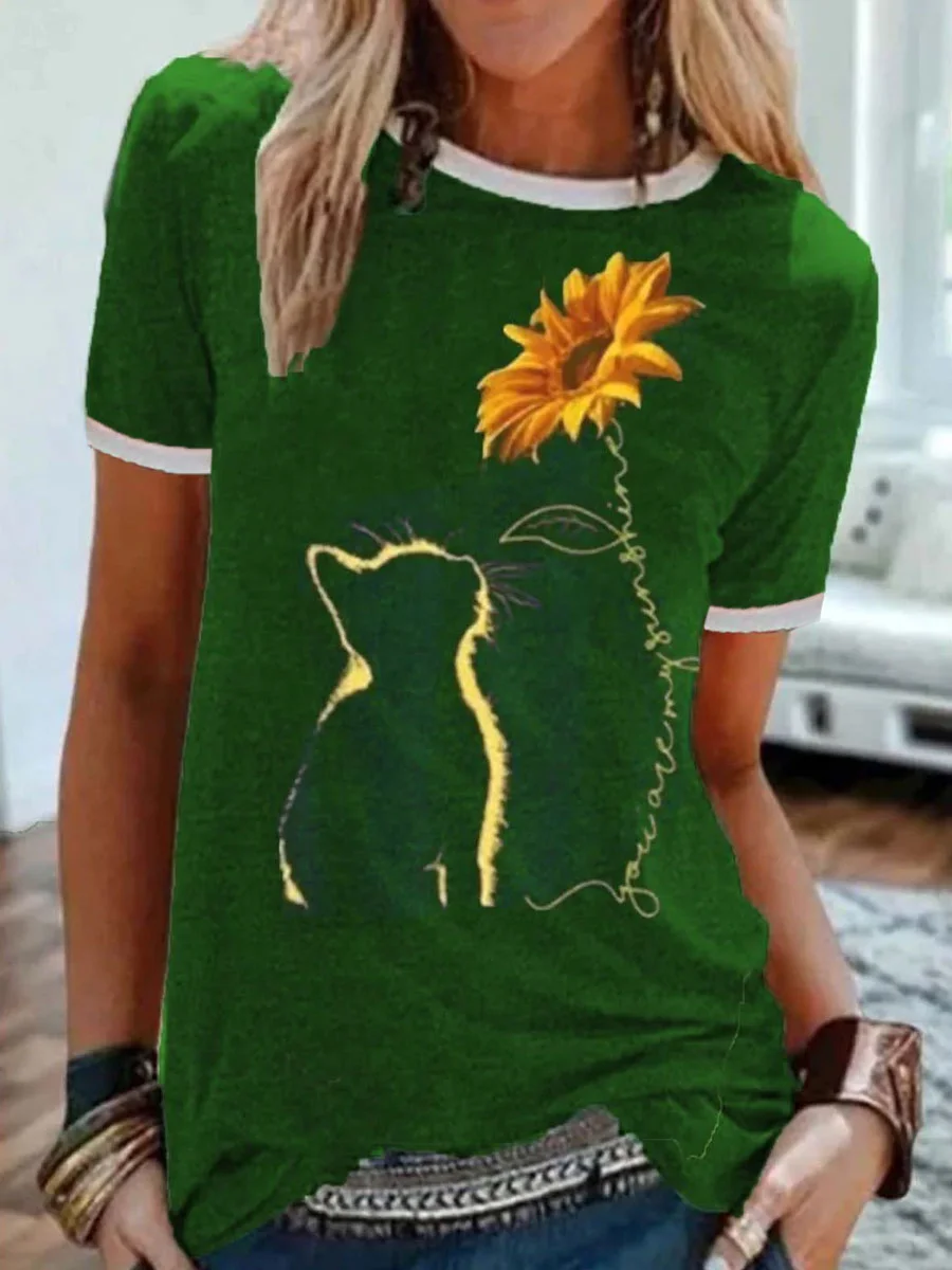 Sunflower Cat Print Short Sleeve T-shirt