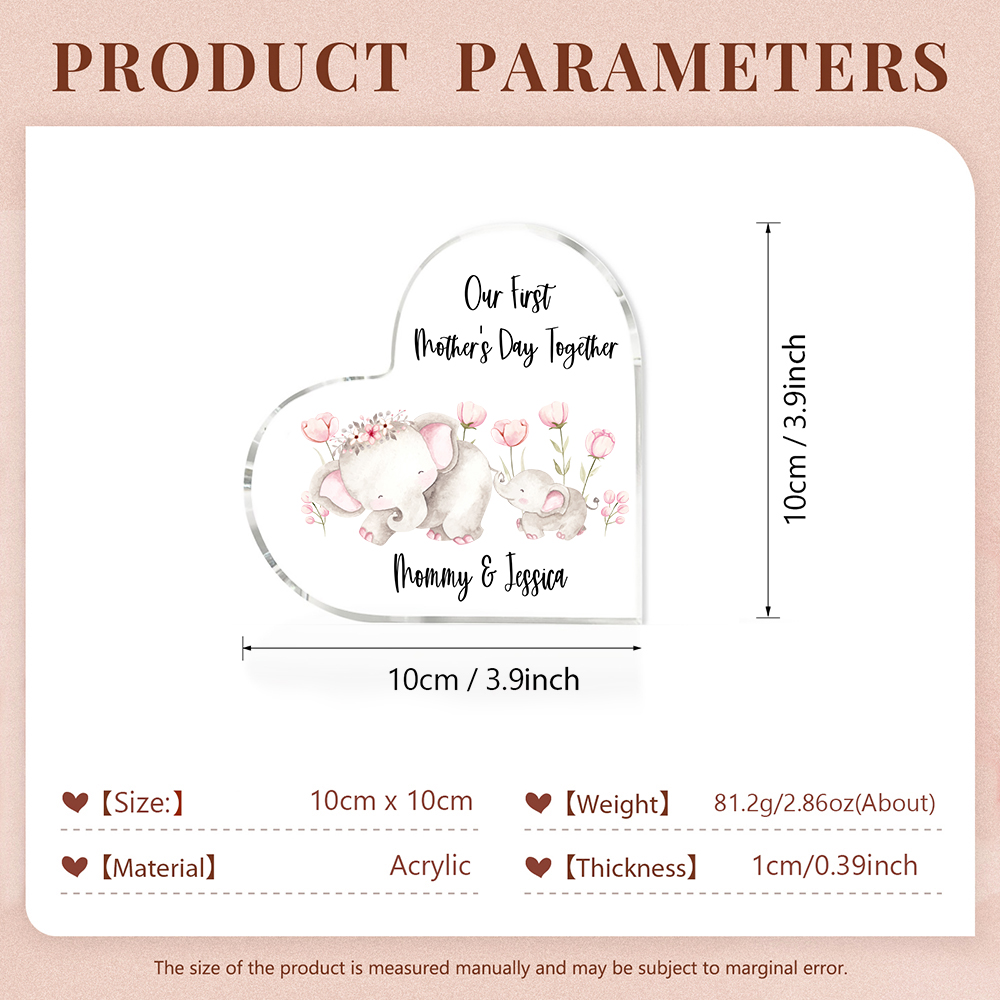 Our First Mother's Day Together - Personalised Text Acrylic Heart Keepsake Cute Elephants Ornaments-Jessemade AU