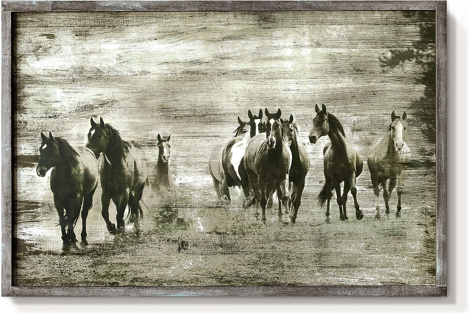 Horses Framed Wall Art Decor: Vintage Western Farm Wooden Painting Rustic Black Mustang Picture Wild Animals Walking in the Vast Pasture Artwork for Bedroom Western country horse painting