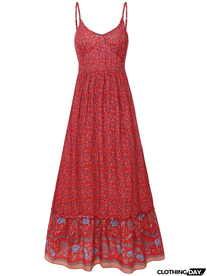 All-Over Floral Print Fitted Waist Pullover Pleated Detailing Spaghetti Strap Dress