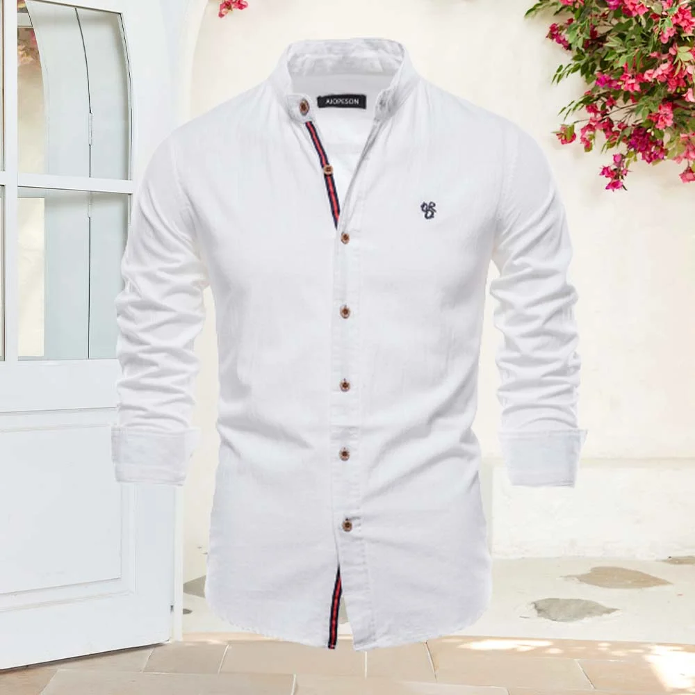 Smiledeer Men's Cotton Linen Fashion Business Casual Solid Color Long Sleeve Shirt