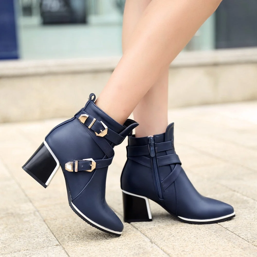 Large Size Pointed Toe Square Heel For Women Boots Fashion Buckle Ankle Boots Women Shoes Zipper Cheap High Heel Boots Woman 39