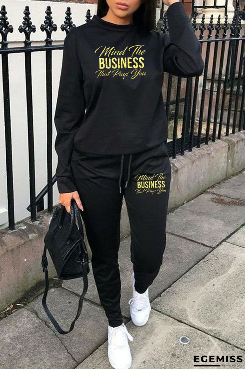 Black Casual Print Patchwork O Neck Long Sleeve Two Pieces | EGEMISS