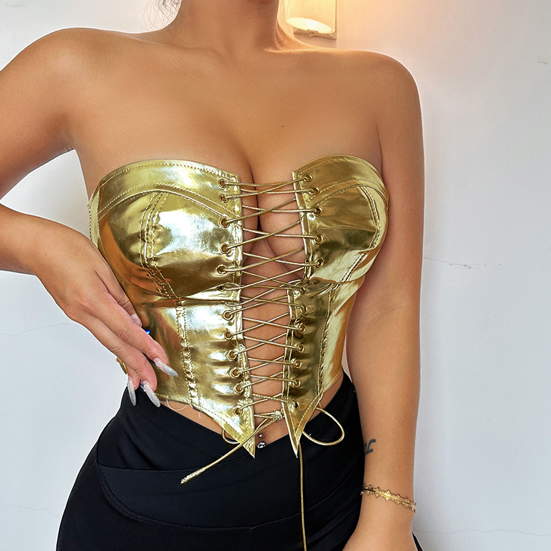 Sexy Women Shiny Gold Silver Bustier Crop Tops Bright PU Leather Crown Girdle Slimming Waist Strapless Low-cut Corset TopYL23272