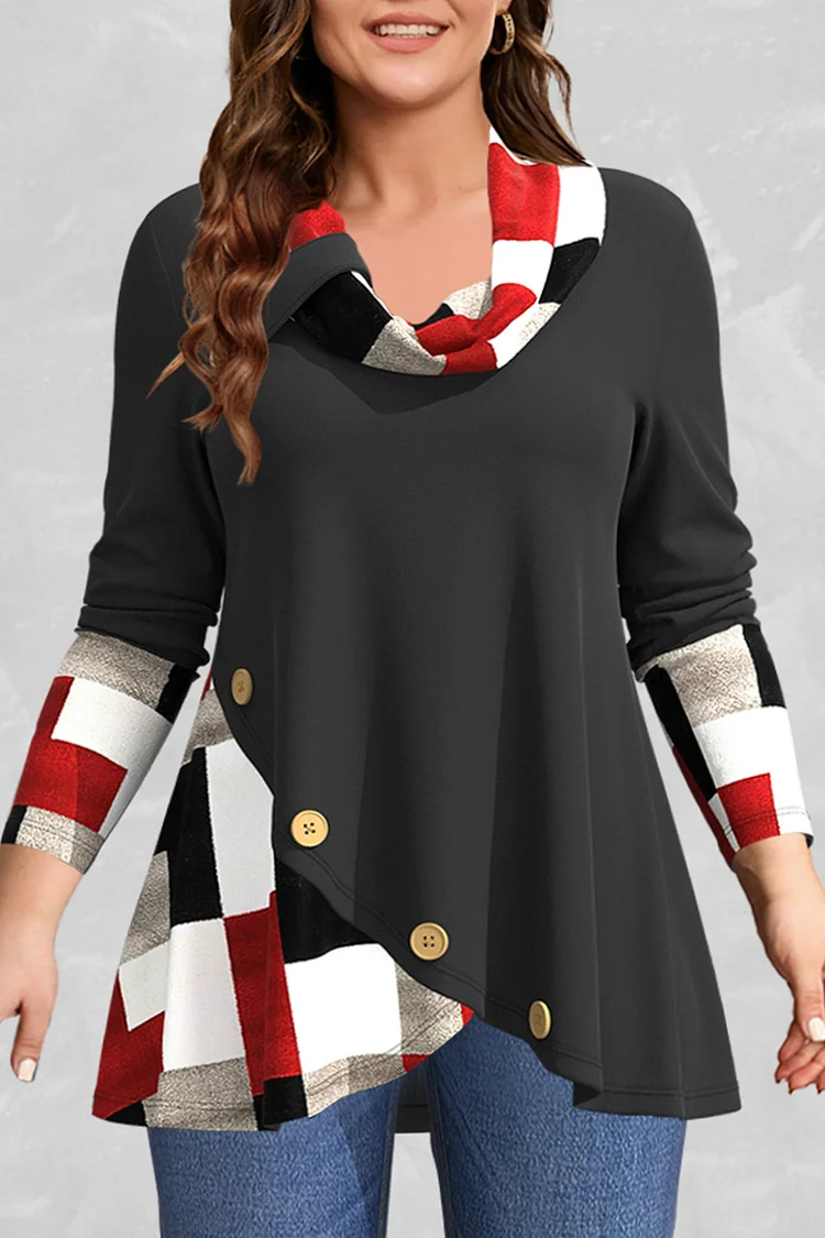 Flycurvy Plus Size Casual Black Asymmetric Hem Colorblock Decorative Button Heaps Collar Blouse  Flycurvy [product_label]