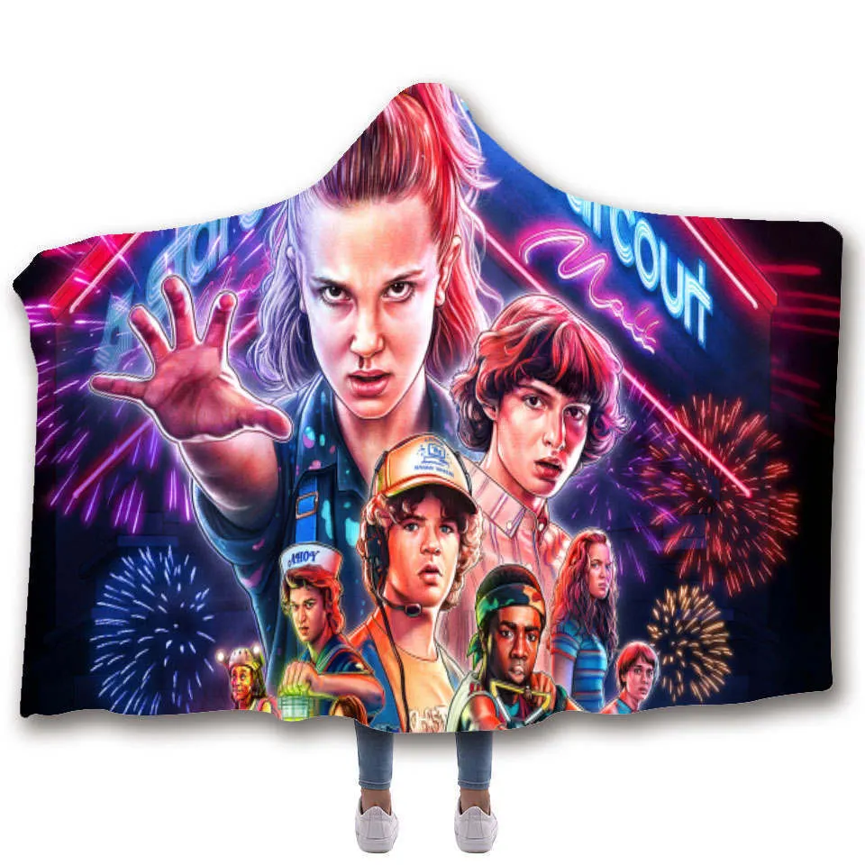 Stranger Things Hooded Blanket For children Sherpa Fleece Hoodie Blanket For Sofa Microfiber Mantle Throw Blanket For Travel