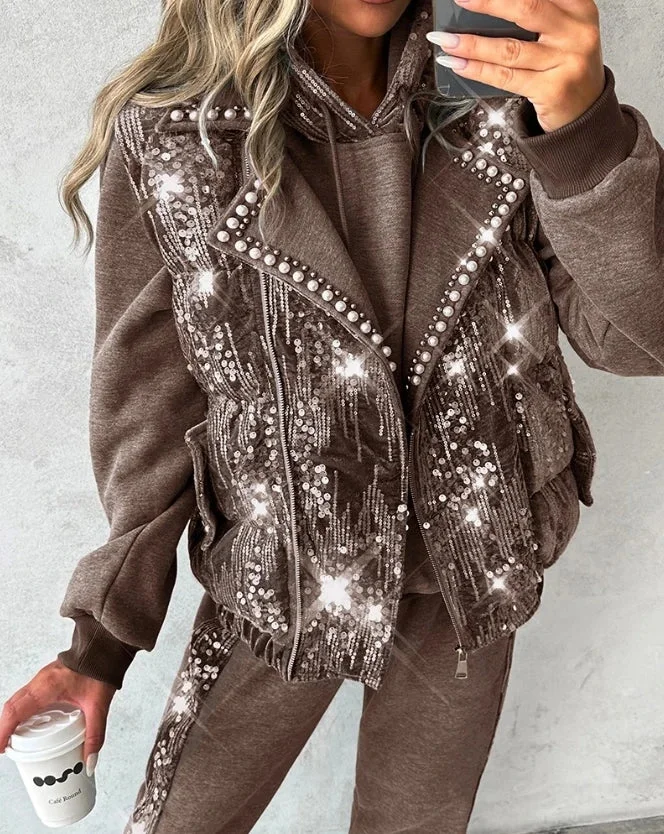 Tlbang Chic Contrast Sequin Pearls Decor Vest Puffer Coat Temperament Commuting Autumn Women's Fashion Studded Sleeveless Jacket