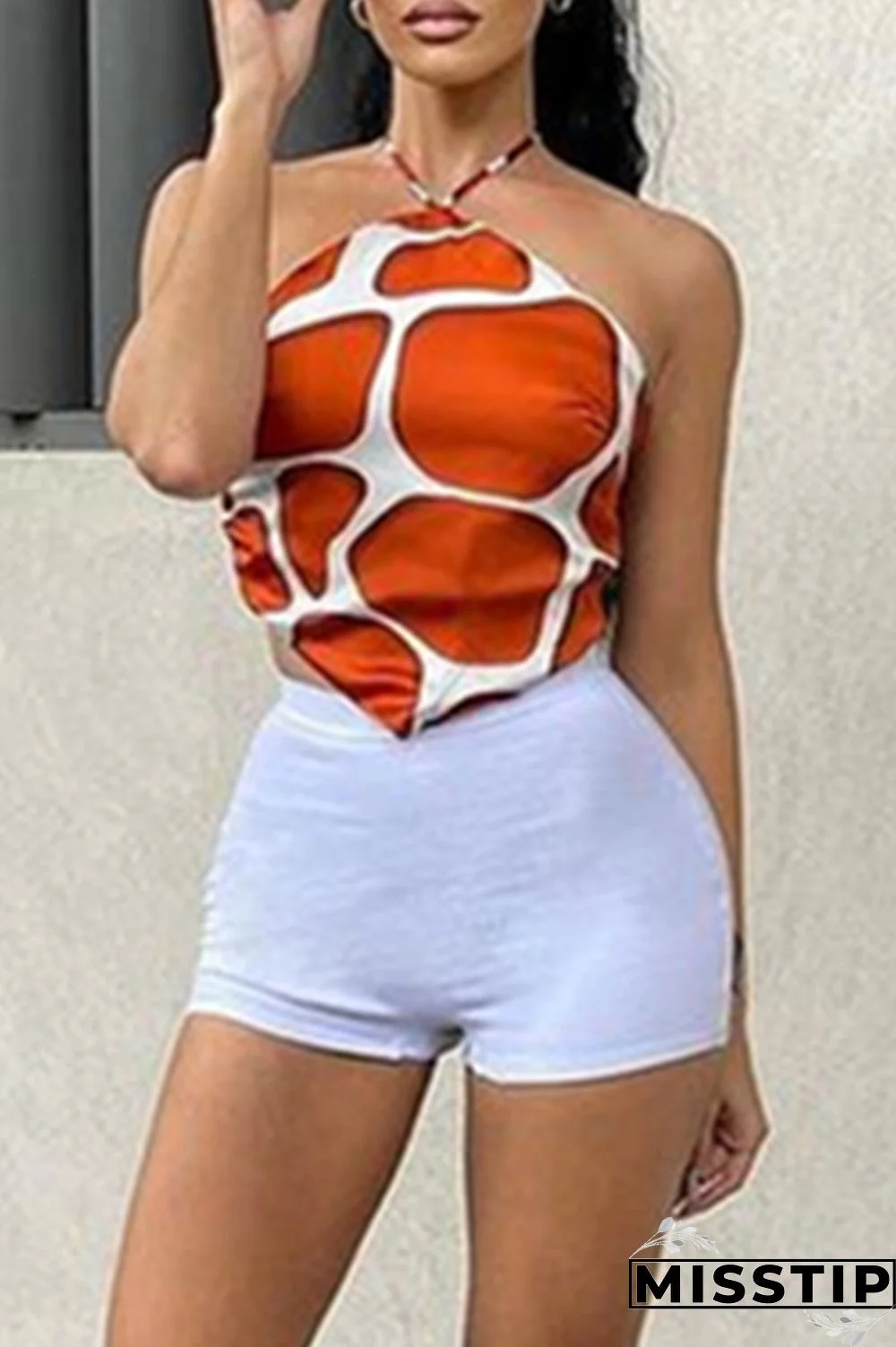 Red Fashion Sexy Print Backless Halter Sleeveless Two Pieces