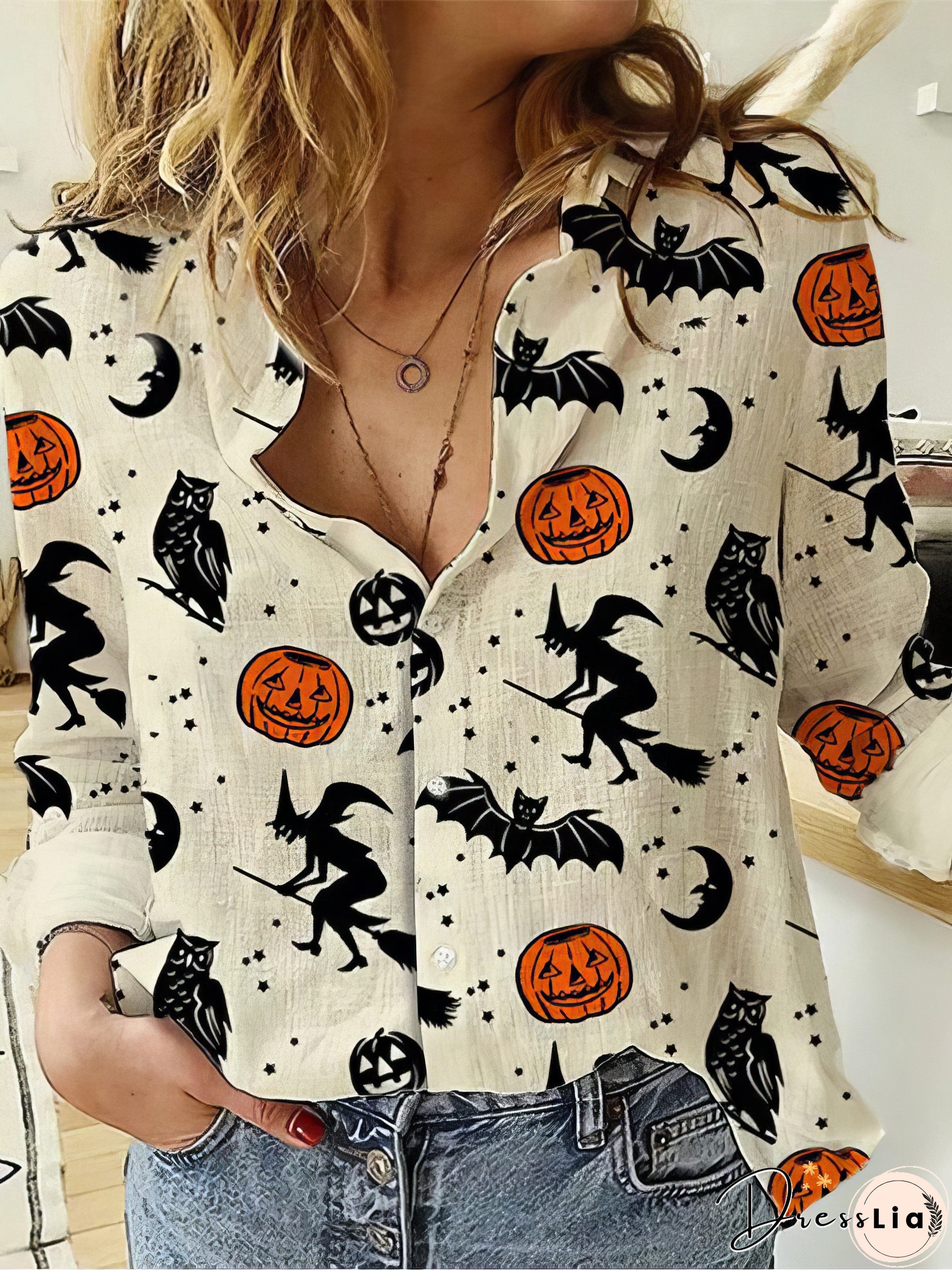 Halloween Pumpkin Bat Owl Witch Print Long Sleeve Shirt