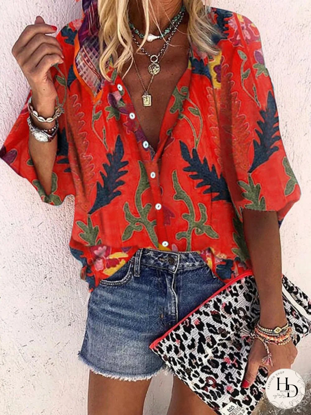 Tropical Print Loose-Fit V-Neck Shirt P16070