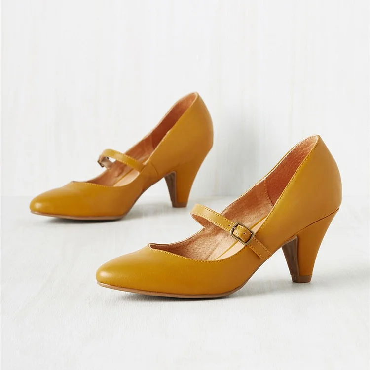Women's Mustard Low-cut Uppers  Mary Jane Heels Vintage Pumps |FSJ Shoes