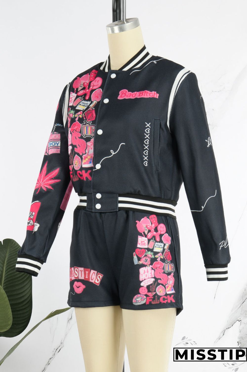 Cream White Casual Print Patchwork Buckle Long Sleeve Two Pieces