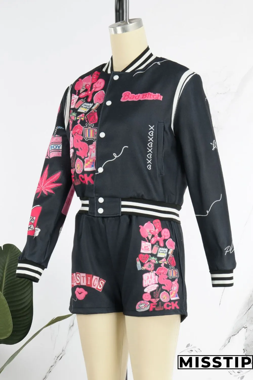 Cream White Casual Print Patchwork Buckle Long Sleeve Two Pieces