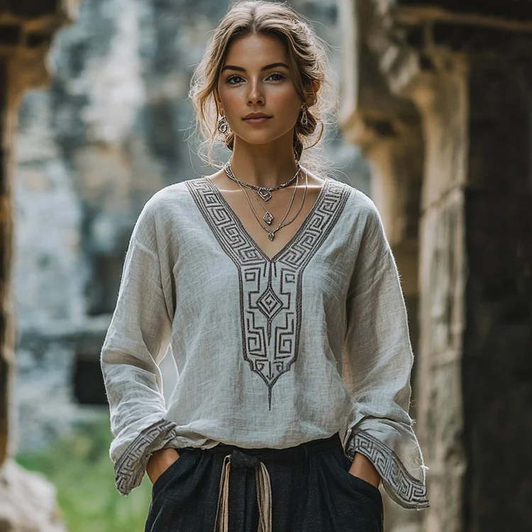 Vintage Greek Key Graphics V-neck Linen Blend T-shirt
