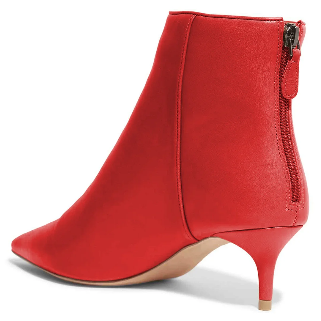 Red Vegan Leather Pointed Toe Back-Zip Kitten Heel Classy Ankle Boots