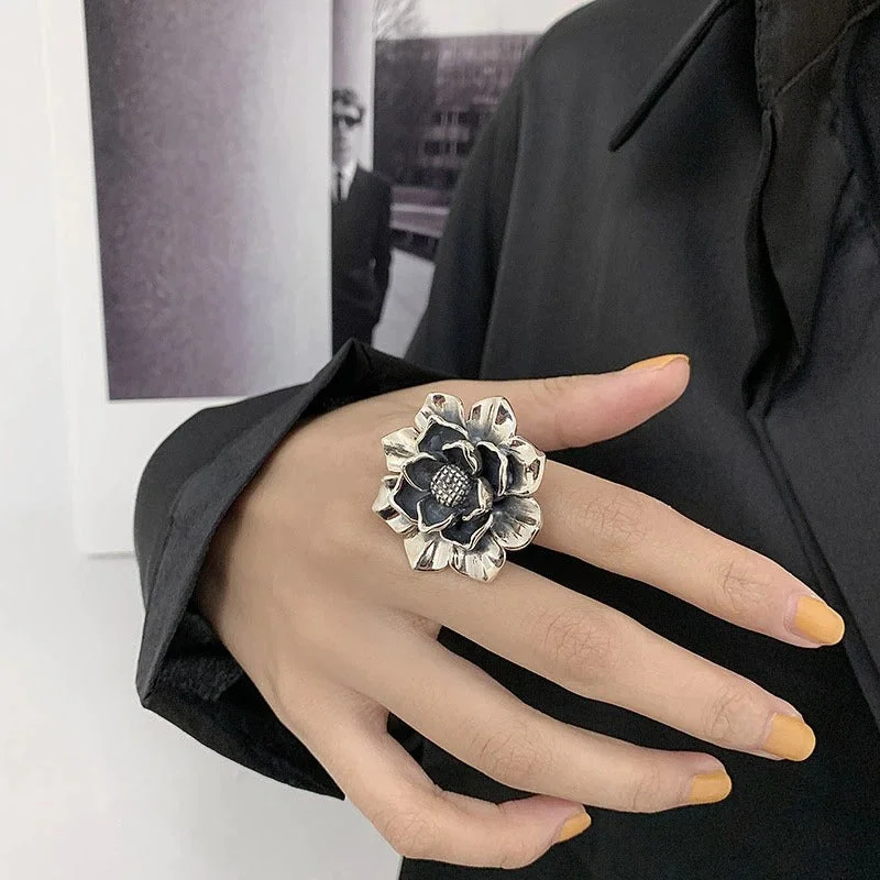 Oversized Vintage Flower Sterling Silver Adjustable Rings